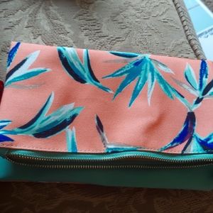 Rachel Pally Pink Turquoise Heaven Bird Print Canvas PU Reversible Clutch Bag